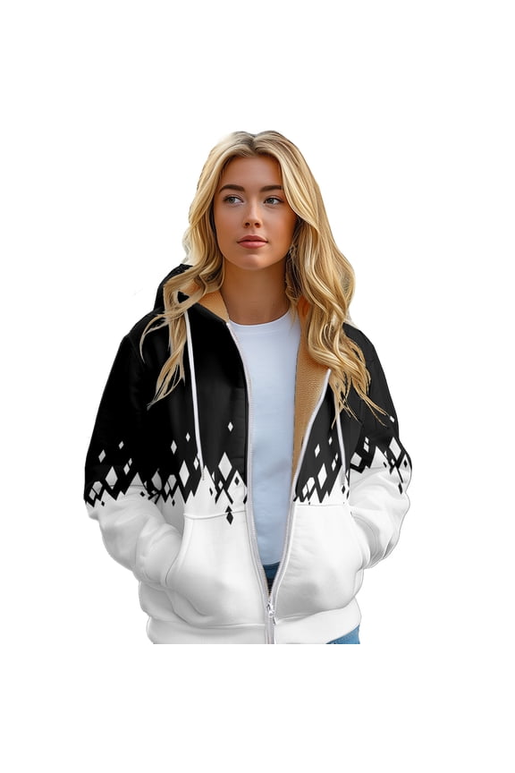 Women's Hoodie Winter Street Trend Thickened Fleece Warm Jacket Black and White Colorblocking