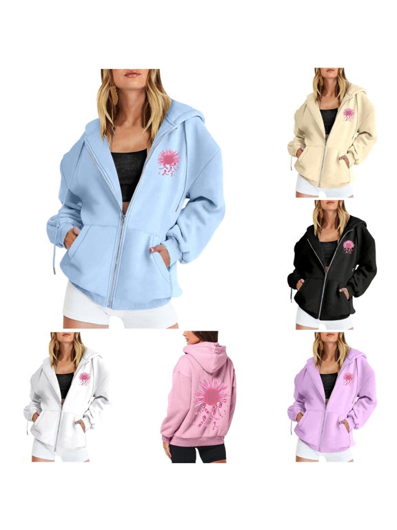 Women's Hoodie Zip-Up Pink Sunflower Bow Graphic Hooded Sweatshirt Drop Shoulder Long Sleeve Streetwear Casual Pullover Top