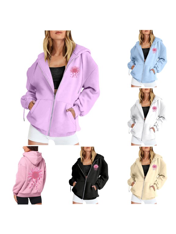 Women's Hoodie Zip-Up Pink Sunflower Bow Graphic Hooded Sweatshirt Drop Shoulder Long Sleeve Streetwear Casual Pullover Top