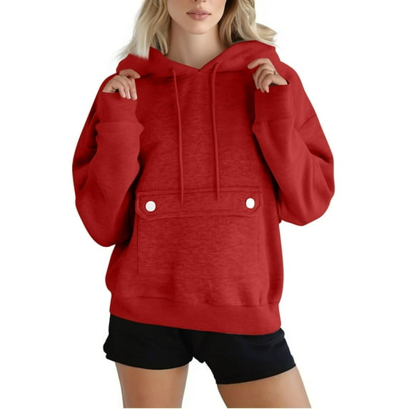 Women's Hoodie with Pocket, Sweatshirts Plus Size Button Hoodies, Long Sleeve Pocket Casual Pullover Tops Hoodied Red,Women's Plus XXL
