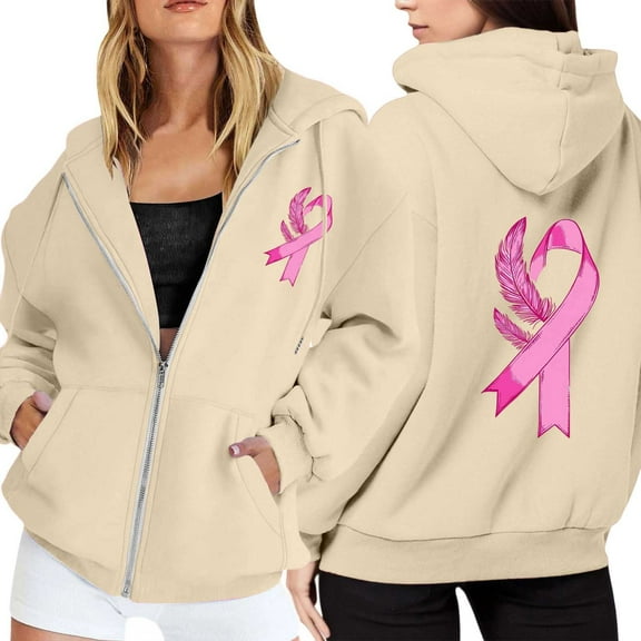 Women's Hoodies Boho Quarter Zip Pullover Travel Top Women's Zip Up Hoodie Pullover Cancer Awareness Month Long Sleeve Pocket Drawstring Casual Sweatshirt For Everyday Wear