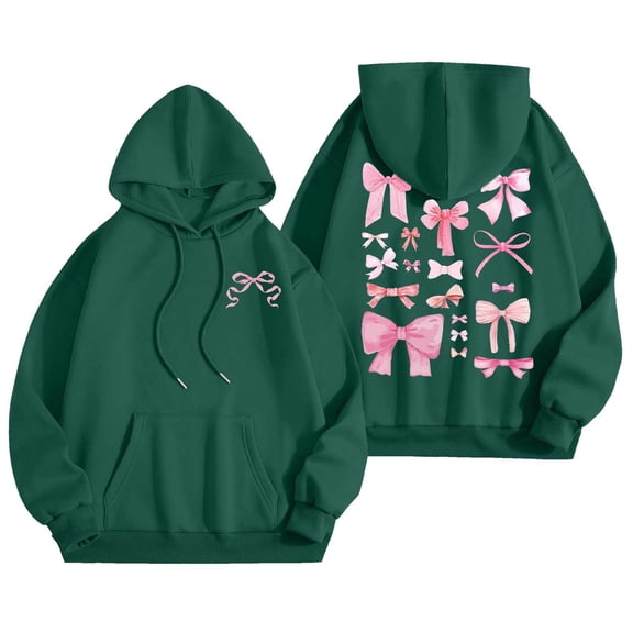 Women's Hoodies Bowknot Printed Sweatshirts for Women Loose Casual Drop Shoulder Cute Long Sleeve Tops Trendy Pullovers with Pocket Z2-Dark Green L