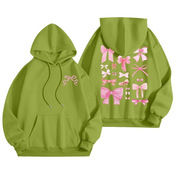 Women's Hoodies Bowknot Printed Sweatshirts for Women Loose Casual Drop Shoulder Cute Long Sleeve Tops Trendy Pullovers with Pocket Z2-Green L