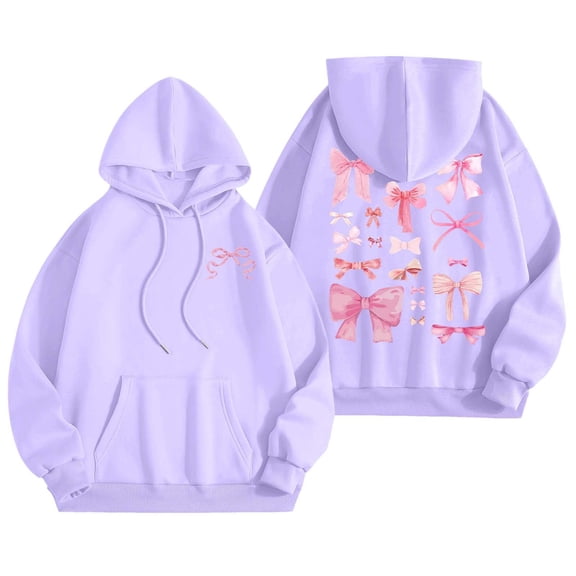 Women's Hoodies Bowknot Printed Sweatshirts for Women Loose Casual Drop Shoulder Cute Long Sleeve Tops Trendy Pullovers with Pocket Z2-Purple XL