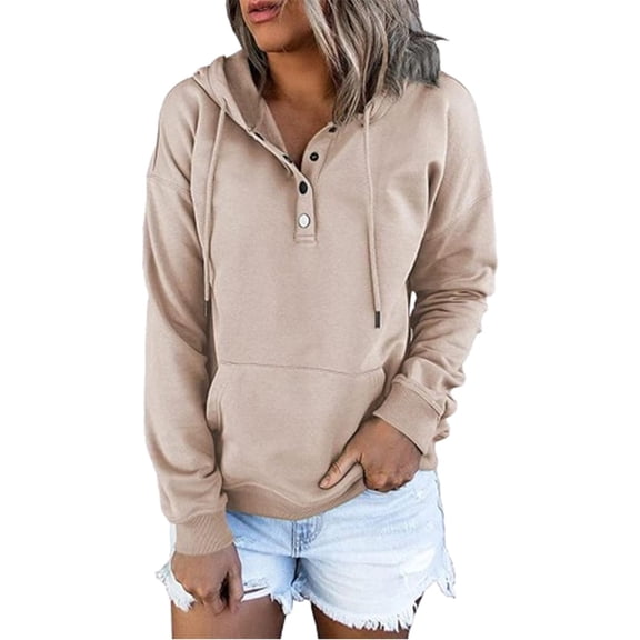 Women's Hoodies Button Collar Drawstring Hooded Pullover Sweatshirt Casual Long Sleeve Tops Shirts