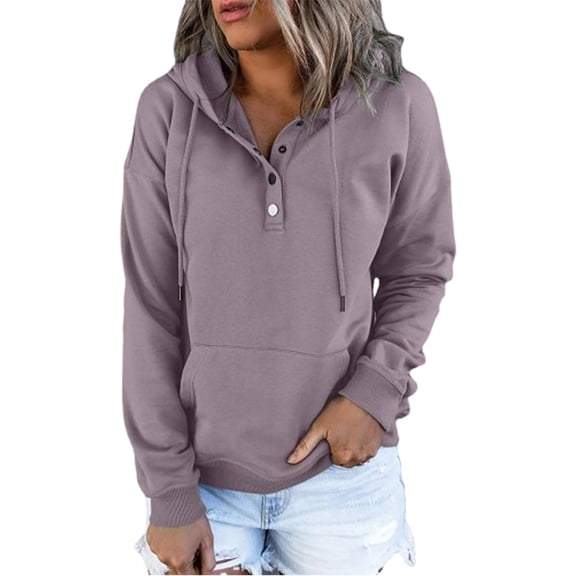 Women's Hoodies Button Collar Drawstring Hooded Pullover Sweatshirt Casual Long Sleeve Tops Shirts