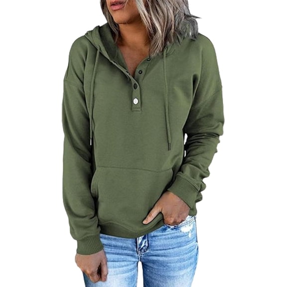 Women's Hoodies Button Collar Drawstring Hooded Pullover Sweatshirt Casual Long Sleeve Tops Shirts
