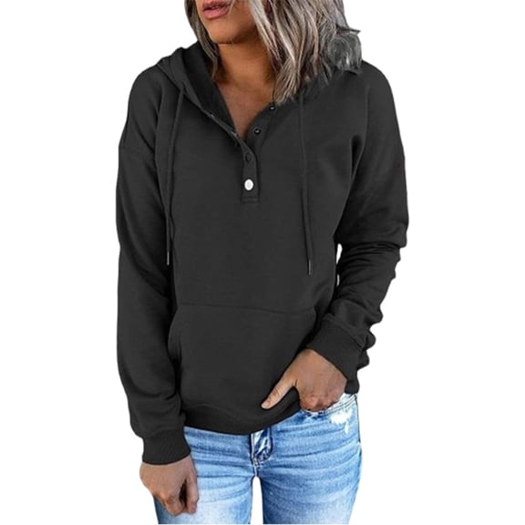 Women's Hoodies Button Collar Drawstring Hooded Pullover Sweatshirt Casual Long Sleeve Tops Shirts