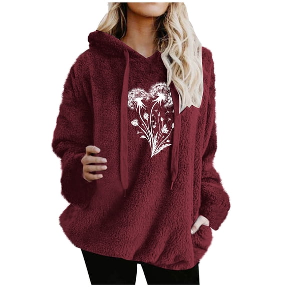 Women's Hoodies Casual Fleece Sweatshirts Graphic Shirt Floral Oversized Long Sleeve Fuzzy Sweatshirt Printed Tops (2XL, Wine)