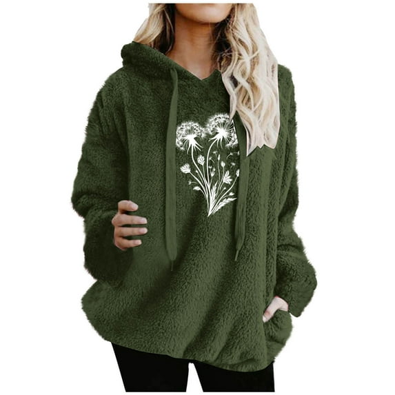 Women's Hoodies Casual Fleece Sweatshirts Graphic Shirt Floral Oversized Long Sleeve Fuzzy Sweatshirt Printed Tops (L, Army Green)