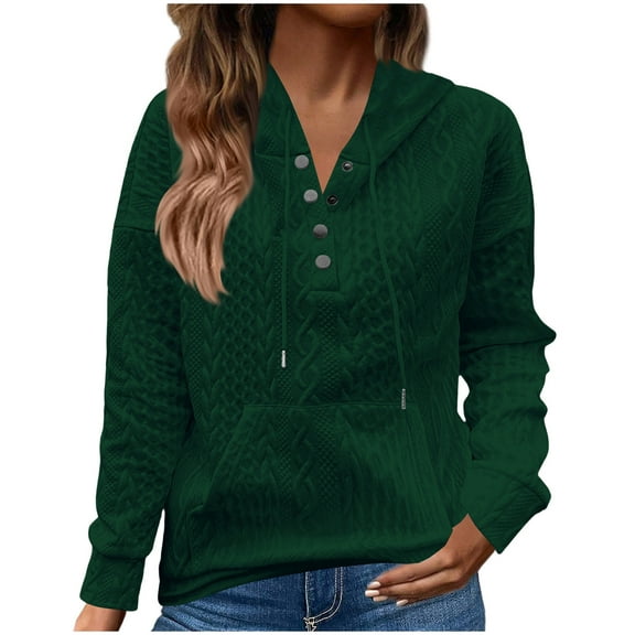 Women's Hoodies Casual Long Sleeve Quilted Half Button Drawstring Hooded Sweatshirt
