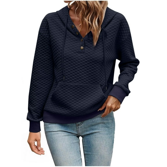 Women's Hoodies Casual Long Sleeve Quilted Half Button Drop Shoulder Pullover Tops Loose Drawstring Hooded Sweatshirt
