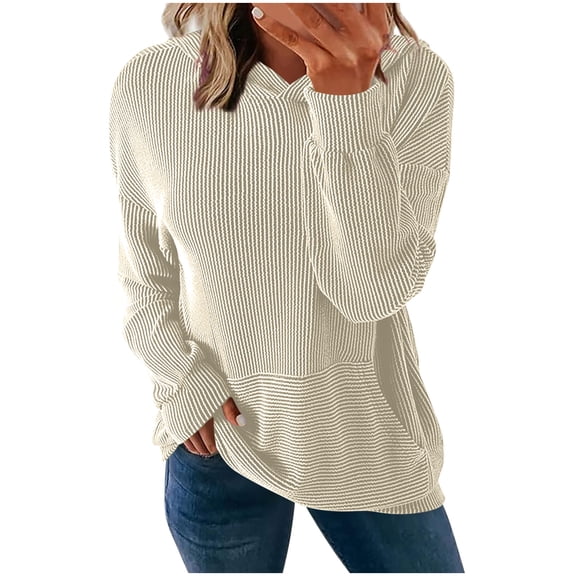 Women's Hoodies Casual Long Sleeved Sweatshirts Fashion Loose Strip Texture Hooded Sweatshirt with Pocket Solid Pullover Top Fall Winter Coats Outfits
