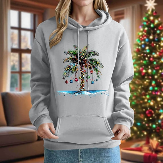 Women's Hoodies Christmas Tree Print Long Sleeves Pullover Hoodie Oversized Cozy Fall Winter Sweatshirt with Kangaroo Pocket