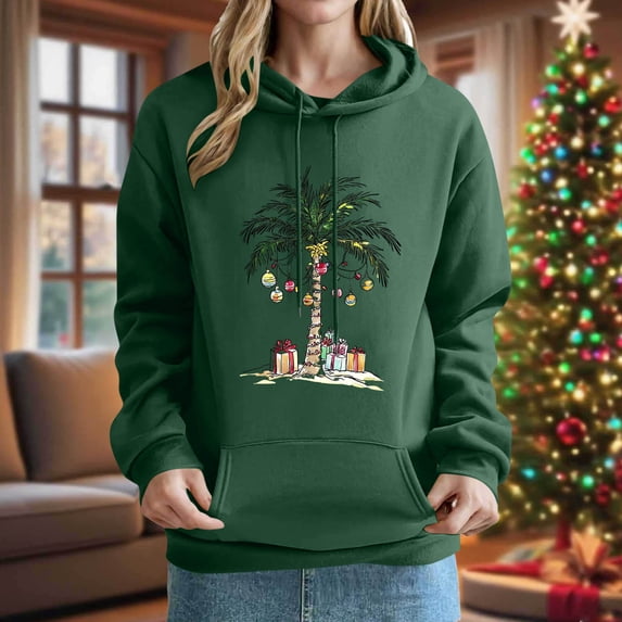 Women's Hoodies Christmas Tree Print Long Sleeves Pullover Hoodie Oversized Cozy Fall Winter Sweatshirt with Kangaroo Pocket
