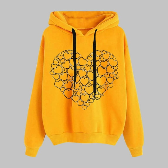 Women's Hoodies Classic Heart Print Hooded Sweatshirt Fall Winter Long Sleeve Loose Pullover Sweatshirts Tops