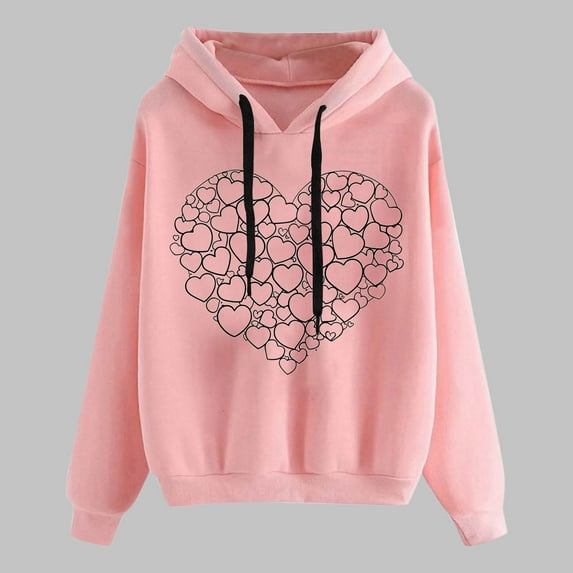 Women's Hoodies Classic Heart Print Hooded Sweatshirt Fall Winter Long Sleeve Loose Pullover Sweatshirts Tops
