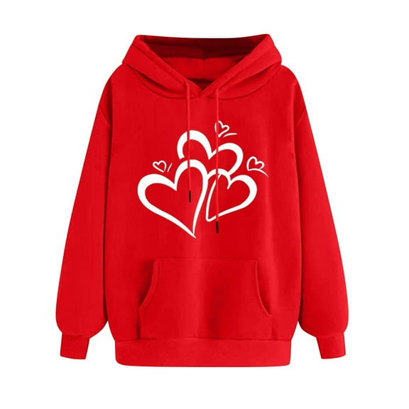 Women's Hoodies Classic Hearts Print Autumn Winter Fleece Hooded Sweatshirt Long Sleeve Hoodies with Drawstring Basic Casual Hoody Tops Comfortable Warm Pullover Loose Fit Outwear