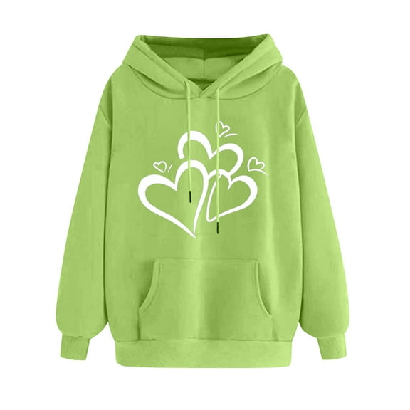Women's Hoodies Classic Hearts Print Autumn Winter Fleece Hooded Sweatshirt Long Sleeve Hoodies with Drawstring Basic Casual Hoody Tops Comfortable Warm Pullover Loose Fit Outwear