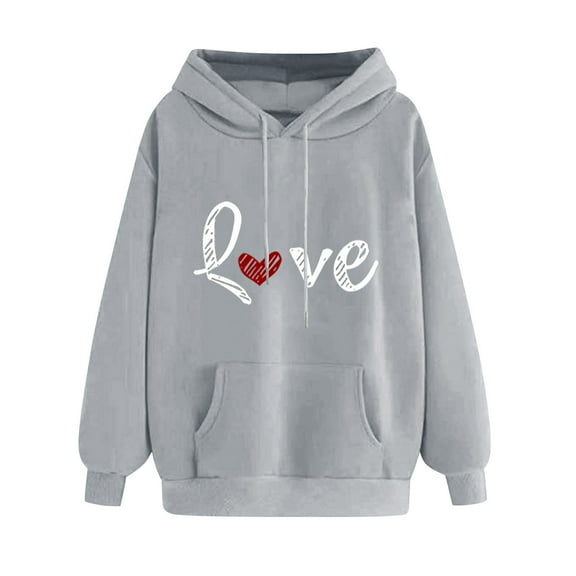 Women's Hoodies Classic Hearts Print Autumn Winter Fleece Hooded Sweatshirt Long Sleeve Hoodies with Drawstring Basic Casual Hoody Tops Comfortable Warm Pullover Loose Fit Outwear