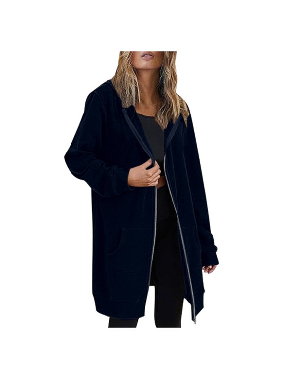 Women's Hoodies Coat Fall Winter Warm Pockets Drawstring Zipper Open Thin Hooded Jackets Long Cardigans Tops Outwear