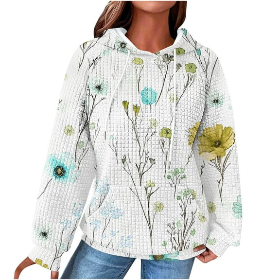 Women's Hoodies Cute Floral Printed Pullover Sweatshirts Drawstring Raglan Hooded Sweaters Fall Long Sleeve Waffle Jacket Outwears Tops with Pocket
