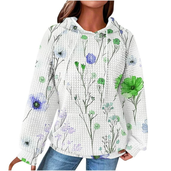 Women's Hoodies Cute Floral Printed Pullover Sweatshirts Drawstring Raglan Hooded Sweaters Fall Long Sleeve Waffle Jacket Outwears Tops with Pocket