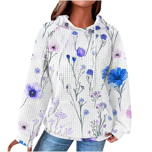 Women's Hoodies Cute Floral Printed Pullover Sweatshirts Drawstring Raglan Hooded Sweaters Fall Long Sleeve Waffle Jacket Outwears Tops with Pocket