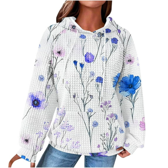 Women's Hoodies Cute Floral Printed Pullover Sweatshirts Drawstring Raglan Hooded Sweaters Fall Long Sleeve Waffle Jacket Outwears Tops with Pocket