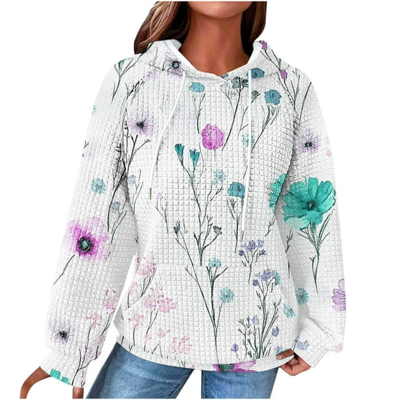 Women's Hoodies Cute Floral Printed Pullover Sweatshirts Drawstring Raglan Hooded Sweaters Fall Long Sleeve Waffle Jacket Outwears Tops with Pocket