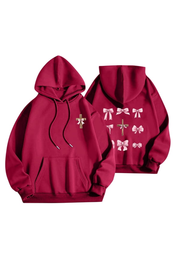Women's Hoodies Cute Pink Flower Sweatshirt Aesthetic Preppy Casual Basic Hoodie Bow Knot Graphic Sweaters Oversized Hoody Long Sleeve Drawstring Pullover Tops Front Pocket