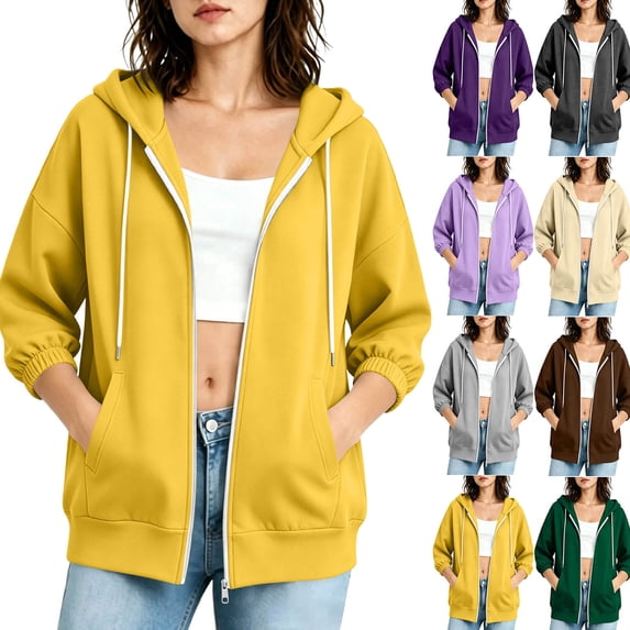 Women's Hoodies Dqueduo Women's Oversized Casual Solid Color Zip-Up 3/4 Sleeve Elastic Cuff Jacket – Drawstring Hoodie Yellow XL