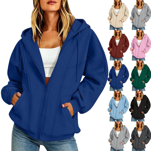 Women's Hoodies Dqueduo Women's Solid Color Thickened Fleece Zip-Up Hooded Long Sweater Jacket – Casual Winter Coat Navy S