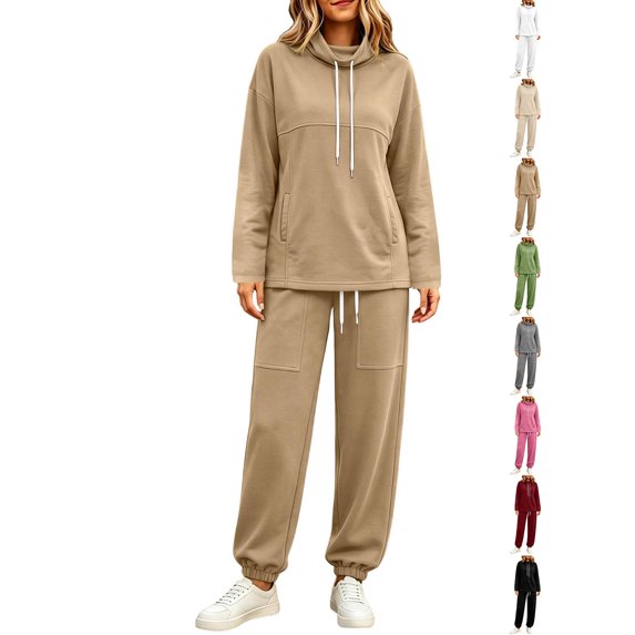 Women's Hoodies Dqueduo Women's Two Piece High Neck Sports Suit Long Sleeve Drawstring And Jogger Pants Casual Pocket Set, Sizes S-XXL