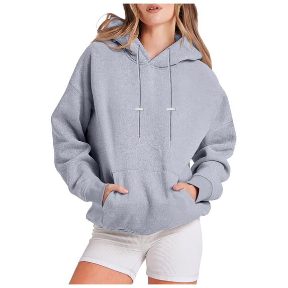 Women's Hoodies Fall Loose Fit Hooded Long Sleeve Mitten-Cuff Cold Shoulder Drawstring Solid Color Hoodie Flannel Sweatshirts Hoodies(Grey,M)