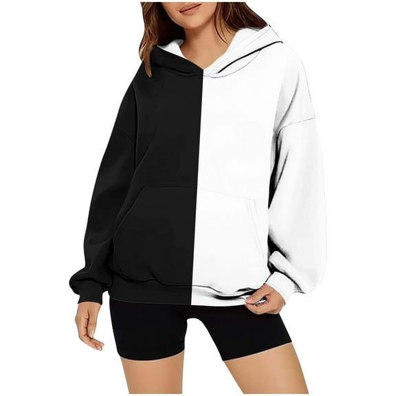 Women's Hoodies Fashion Color-Block Printed Long Sleeve Sweatshirts Fall Outfits 2025 Casual Loose Long Sleeve Jackets with Pocket Winter Hooded Sweatshirt Outwear Pullover Tops