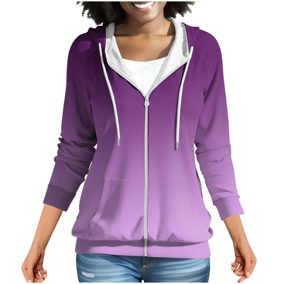 Women's Hoodies Fashion Gradient Color Womens Fleece Jackets Full Zip Up Darwstring Hoody Jackets Hooded Sweatshirt with Pockets Fall Winter Warm Hoodies Coats for Women purple L