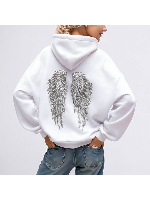 Women's Hoodies Fashion Hoodie With Wing Sequins Design Cozy Fall Winter Pullover for Daily Wear Loose Fit Long Sleeve Casual Sweatshirt 3XL