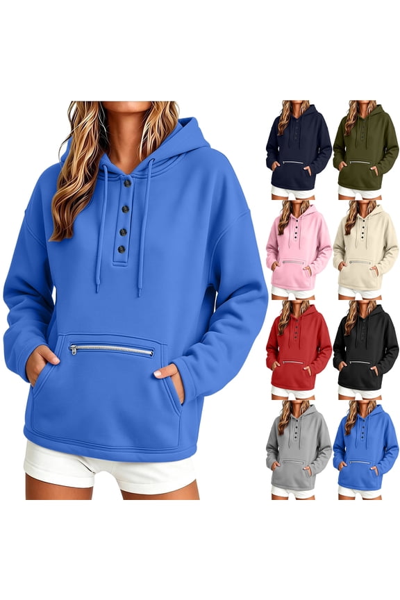 Women's Hoodies Henry Neck Long Sleeve Tops Solid Lightweight Pullover Top Loose Sweatshirt With Pocket Casual Sweater