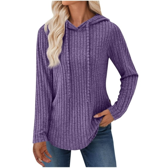 Women's Hoodies Knitting Long Sleeve Sweatshirt with Hood Knit Solid Color Soft Comfortable Pullover Tops Button Drawstring Hoody Woman Ribbed Sweater Tops Knitwear Purple M
