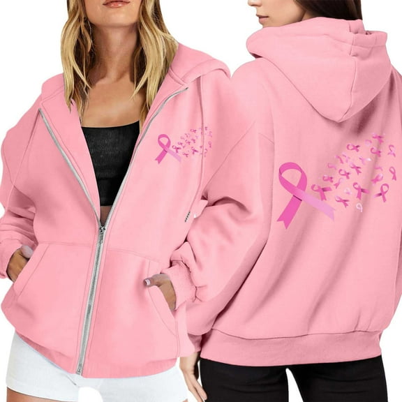 Women's Hoodies Quarter Zip Pullover Y2K Style Fit Women's Zip Up Hoodie Pullover Cancer Awareness Month Long Sleeve Pocket Drawstring Casual Sweatshirt For Everyday Wear