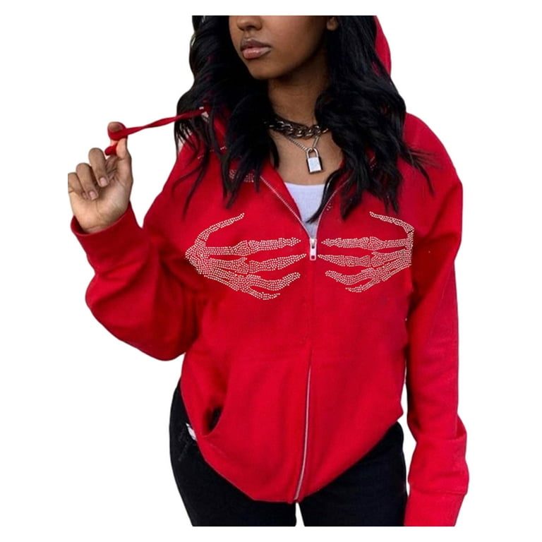 Women s Hoodies Rhinestone Skulls Hooded Long Sleeve Zip Up Jacket with Pockets Casual Outwear Coat Vintage Harajuku Sweatshirts