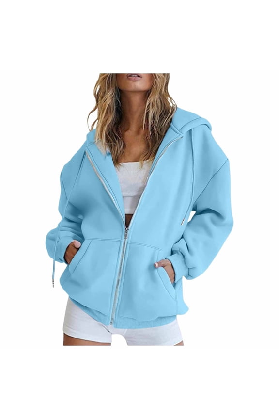Women's Hoodies Sweatshirts All-Season Zip Front Hooded Coat with Pockets Casual Solid Long Sleeve Top for Women Blue S