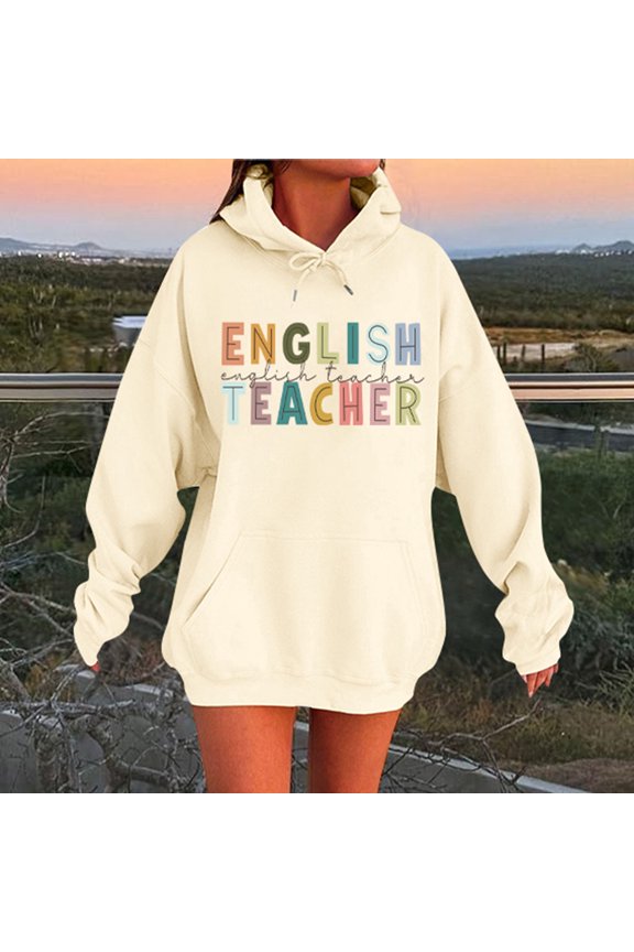 Women's Hoodies Sweatshirts Autumn Winter Unisex Teacher Letter Print Hooded Sweatshirt for Daily Wear Beige M