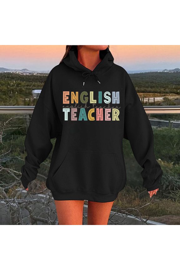 Women's Hoodies Sweatshirts Autumn Winter Unisex Teacher Letter Print Hooded Sweatshirt for Daily Wear Black M