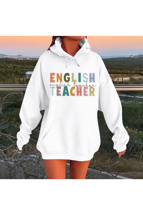 Women's Hoodies Sweatshirts Autumn Winter Unisex Teacher Letter Print Hooded Sweatshirt for Daily Wear White M