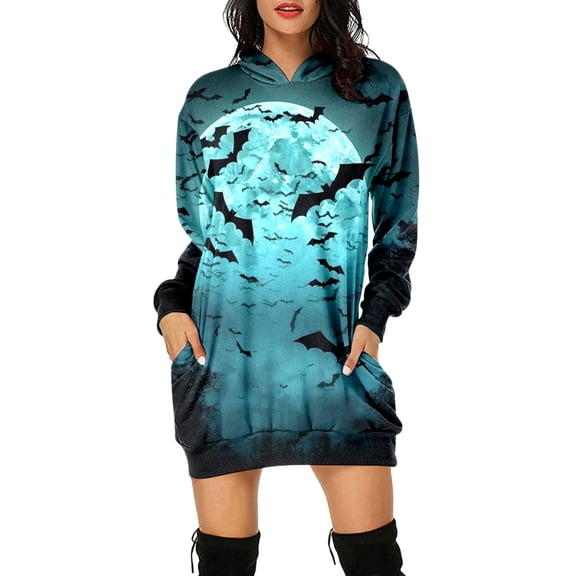 Women's Hoodies & Sweatshirts Casual Fashion Loose Hooded Long Pocket Sweatshirt Printed Dress for Autumn and Winter