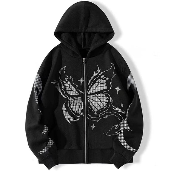 Women's Hoodies Sweatshirts Casual Print Long Sleeve Hooded Sweatshirt with Zip Up Thermal Hoodie for Everyday Wear Black M