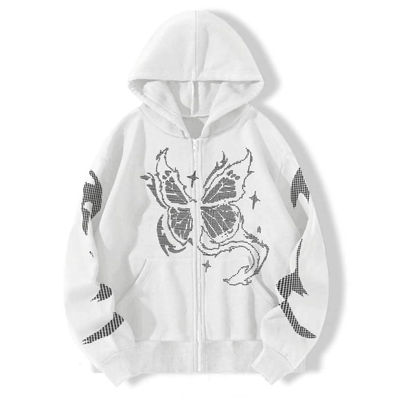 Women's Hoodies Sweatshirts Casual Print Long Sleeve Hooded Sweatshirt with Zip Up Thermal Hoodie for Everyday Wear White S