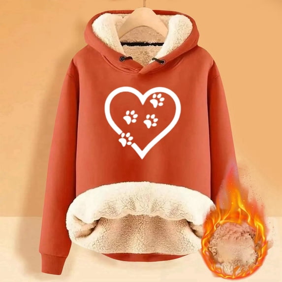 Women's Hoodies Sweatshirts Cozy Thickened Long Sleeve Hooded Pullover with Cute Dog Cat Heart Pattern for Everyday Comfort Orange XXL